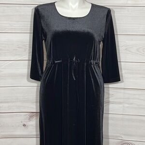 Long Black Velour 90's Dress 3/4 Sleeves Empire Style with Drawstring Size 14/16